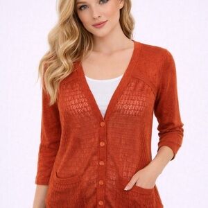 Sparrow Anthropologie orange linen and cotton blend button down cardigan